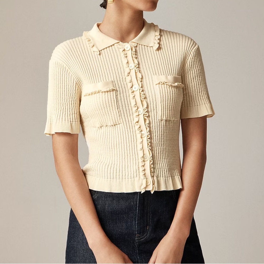J. Crew Pointelle Ruffle Trim Short Sleeve Cardigan in Cream Ivory